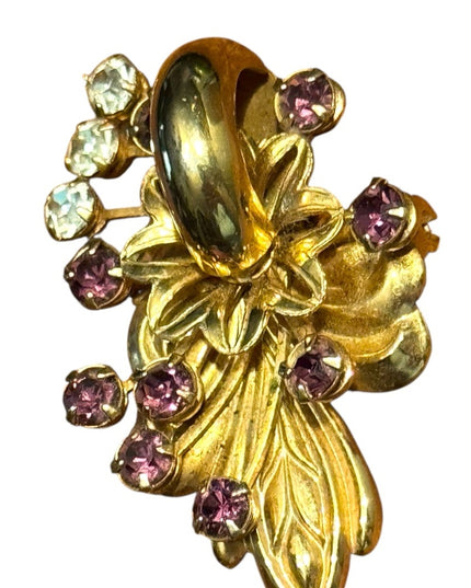 Elegant Vintage Rhinestone Crystal Gold Purple Floral Brooch Pendant