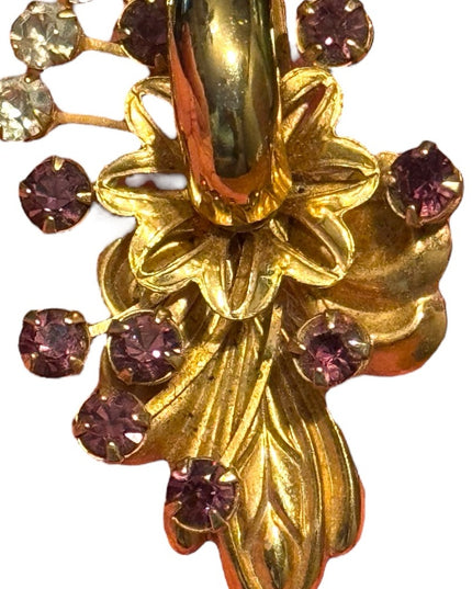 Elegant Vintage Rhinestone Crystal Gold Purple Floral Brooch Pendant