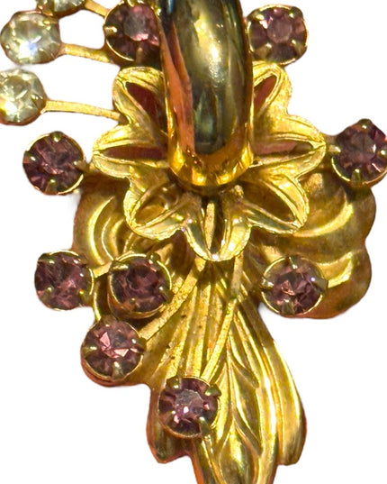 Elegant Vintage Rhinestone Crystal Gold Purple Floral Brooch Pendant