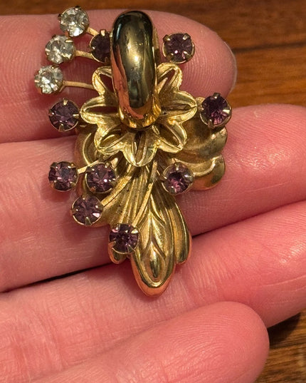 Elegant Vintage Rhinestone Crystal Gold Purple Floral Brooch Pendant