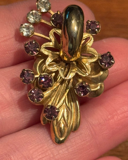 Elegant Vintage Rhinestone Crystal Gold Purple Floral Brooch Pendant