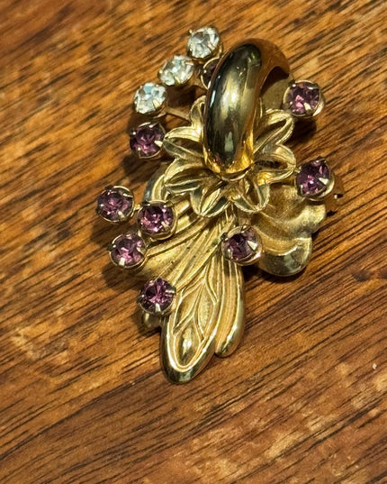 Elegant Vintage Rhinestone Crystal Gold Purple Floral Brooch Pendant