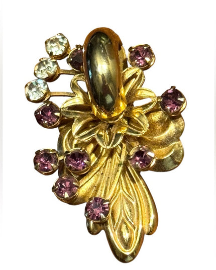 Elegant Vintage Rhinestone Crystal Gold Purple Floral Brooch Pendant