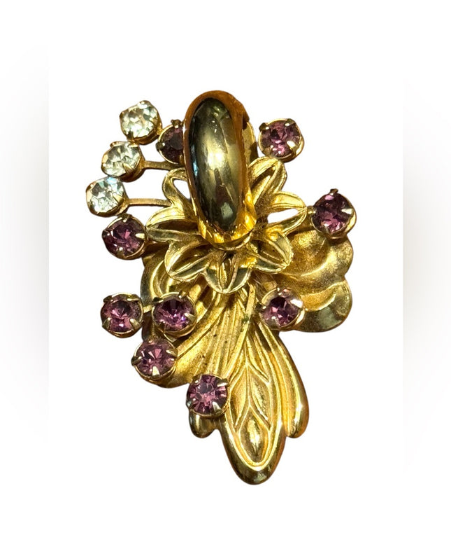Elegant Vintage Rhinestone Crystal Gold Purple Floral Brooch Pendant