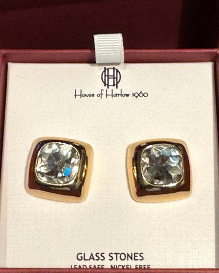 House of Harlow 1960 Gold Framed  Glass Chunky Square Crystal Earrings