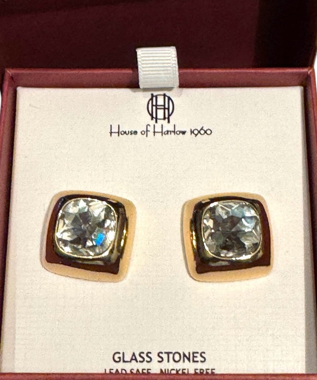 House of Harlow 1960 Gold Framed  Glass Chunky Square Crystal Earrings