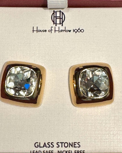 House of Harlow 1960 Gold Framed  Glass Chunky Square Crystal Earrings