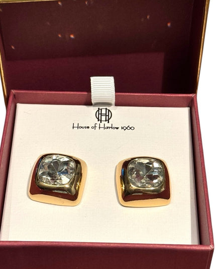 House of Harlow 1960 Gold Framed  Glass Chunky Square Crystal Earrings