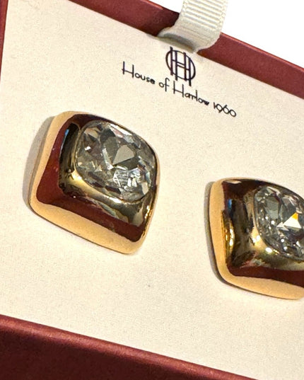 House of Harlow 1960 Gold Framed  Glass Chunky Square Crystal Earrings