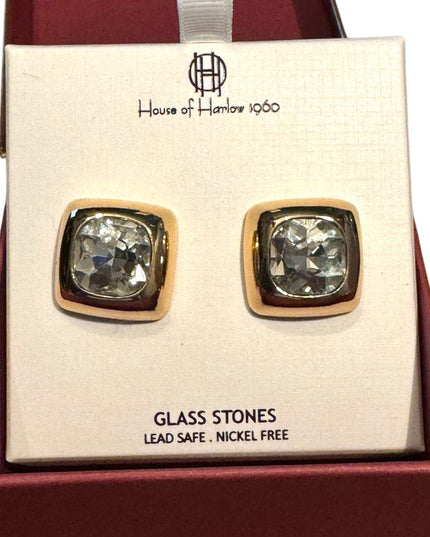 House of Harlow 1960 Gold Framed  Glass Chunky Square Crystal Earrings