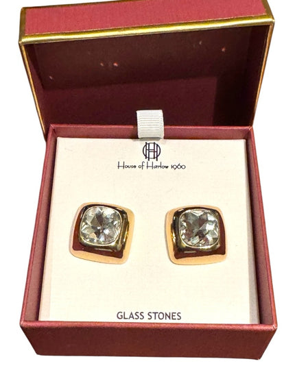 House of Harlow 1960 Gold Framed  Glass Chunky Square Crystal Earrings