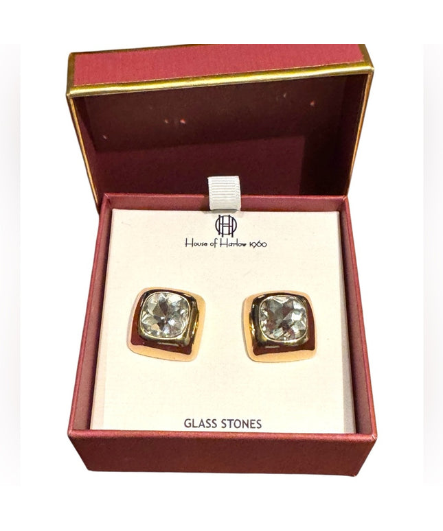 House of Harlow 1960 Gold Framed  Glass Chunky Square Crystal Earrings