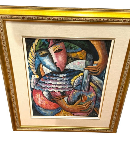 Vintage signed Jean Fini Abstract Art Oil Painting Gold Frame