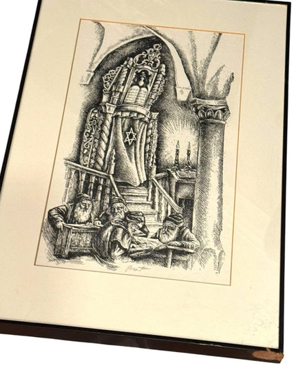 Vintage Signed Seymour Rosenthal Black and White Pen Art Work Jewish Hebrew