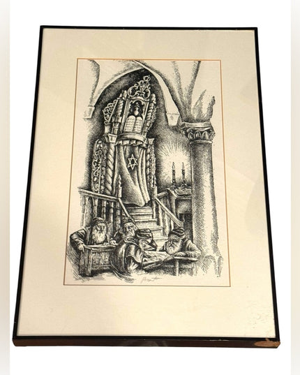 Vintage Signed Seymour Rosenthal Black and White Pen Art Work Jewish Hebrew