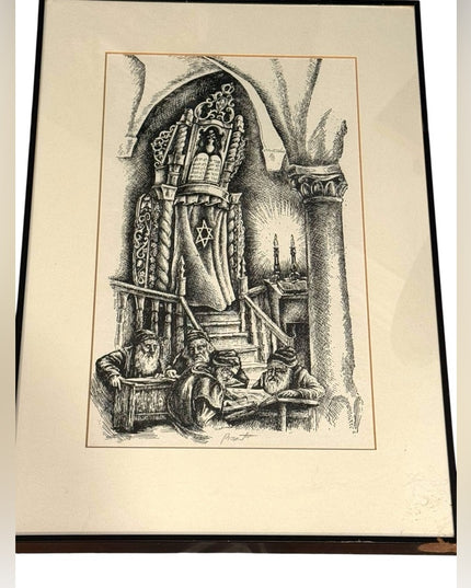 Vintage Signed Seymour Rosenthal Black and White Pen Art Work Jewish Hebrew