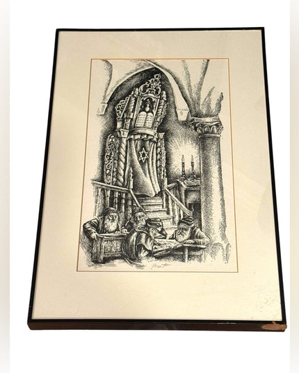 Vintage Signed Seymour Rosenthal Black and White Pen Art Work Jewish Hebrew