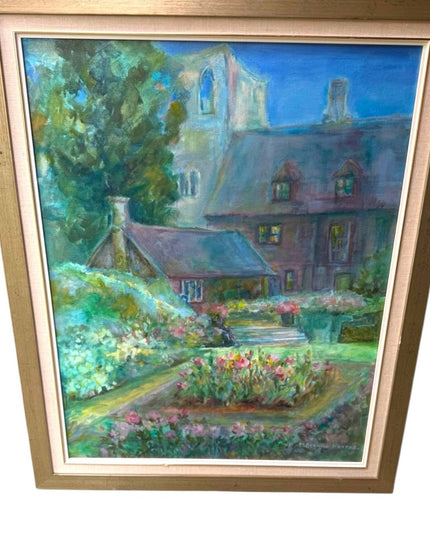 Vintage Gallery Canvas Tranquil Garden Painting with Gold Frame Signed Cerf