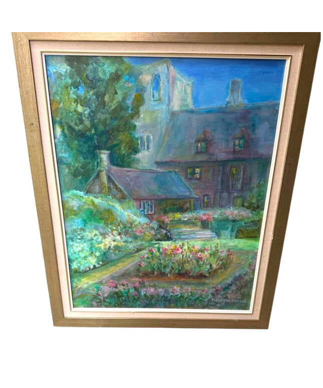 Vintage Gallery Canvas Tranquil Garden Painting with Gold Frame Signed Cerf