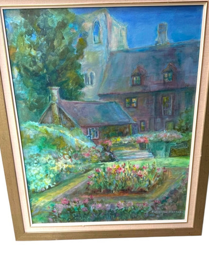Vintage Gallery Canvas Tranquil Garden Painting with Gold Frame Signed Cerf
