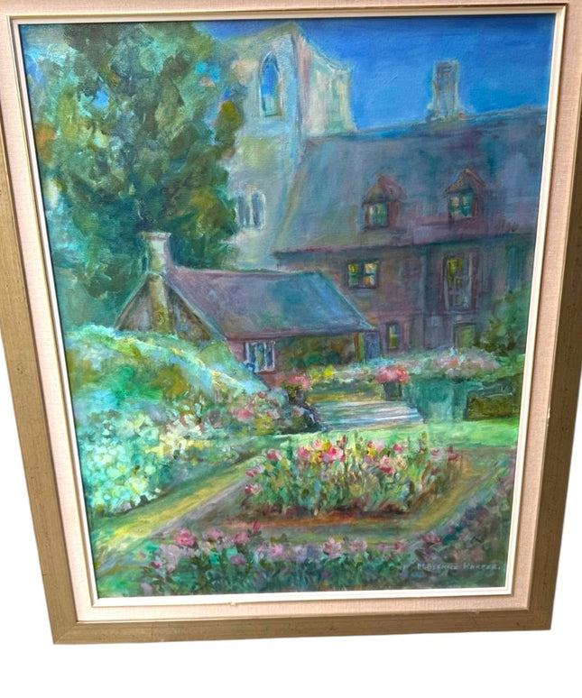 Vintage Gallery Canvas Tranquil Garden Painting with Gold Frame Signed Cerf