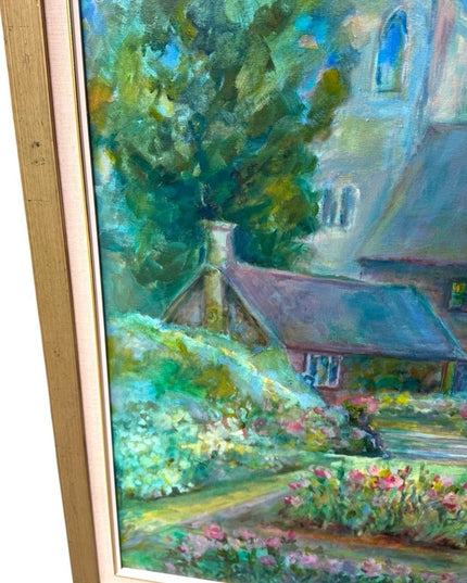 Vintage Gallery Canvas Tranquil Garden Painting with Gold Frame Signed Cerf
