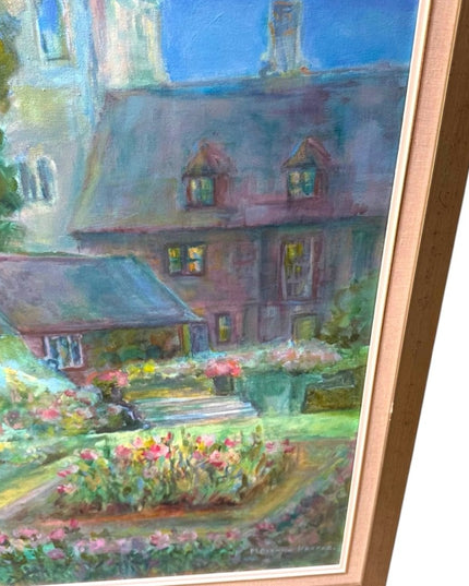 Vintage Gallery Canvas Tranquil Garden Painting with Gold Frame Signed Cerf