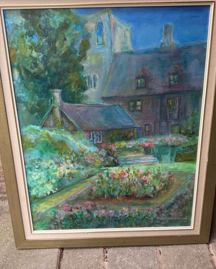 Vintage Gallery Canvas Tranquil Garden Painting with Gold Frame Signed Cerf