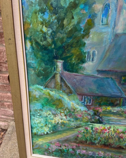Vintage Gallery Canvas Tranquil Garden Painting with Gold Frame Signed Cerf