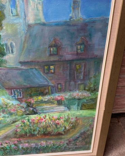 Vintage Gallery Canvas Tranquil Garden Painting with Gold Frame Signed Cerf