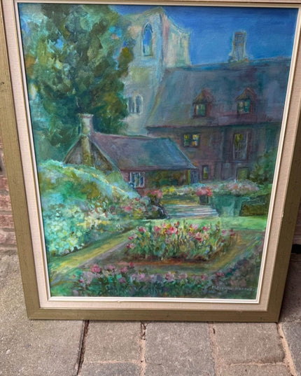 Vintage Gallery Canvas Tranquil Garden Painting with Gold Frame Signed Cerf