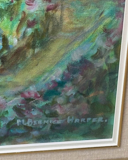 Vintage Gallery Canvas Tranquil Garden Painting with Gold Frame Signed Cerf