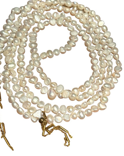 Elegant Lariat Style FW Pearl Necklace with Gold Fringe Accents