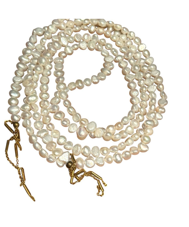Elegant Lariat Style FW Pearl Necklace with Gold Fringe Accents