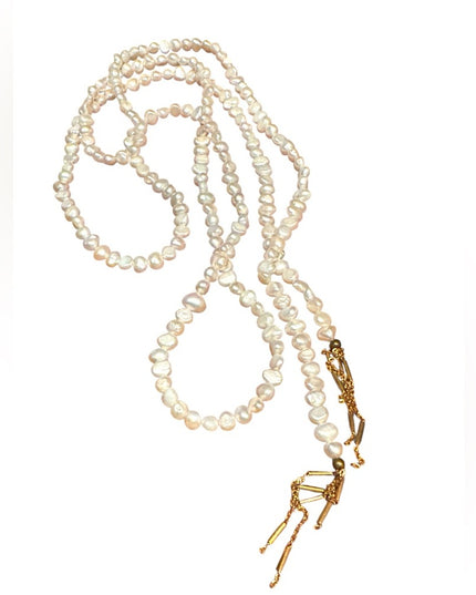 Elegant Lariat Style FW Pearl Necklace with Gold Fringe Accents