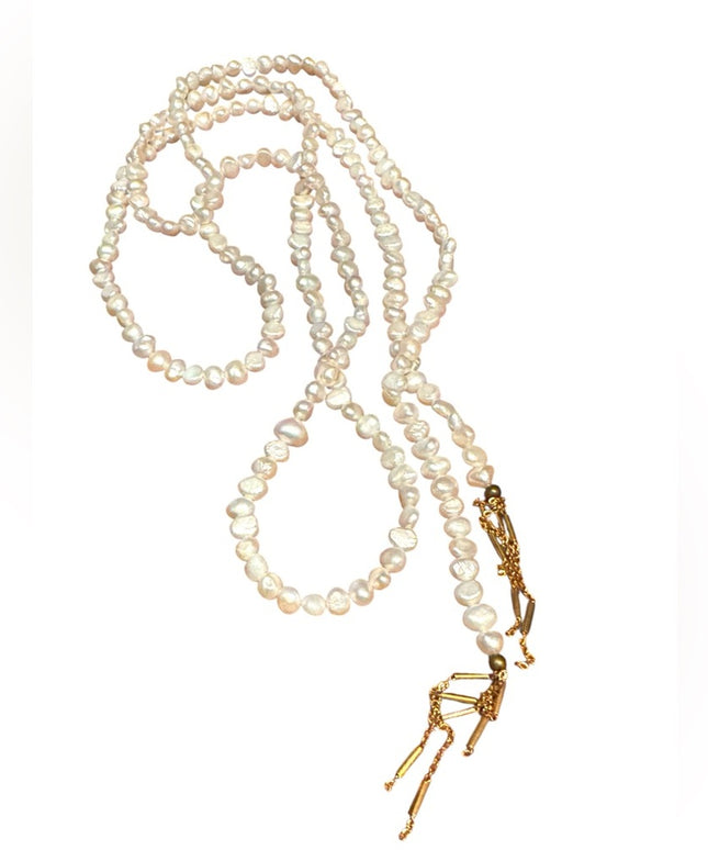 Elegant Lariat Style FW Pearl Necklace with Gold Fringe Accents