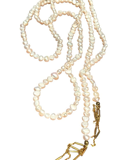Elegant Lariat Style FW Pearl Necklace with Gold Fringe Accents