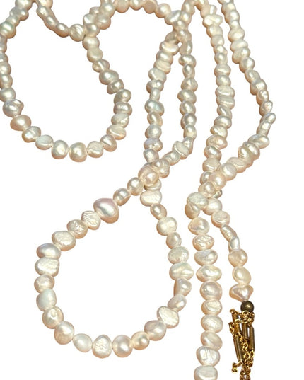 Elegant Lariat Style FW Pearl Necklace with Gold Fringe Accents