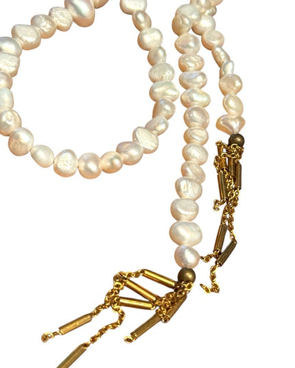 Elegant Lariat Style FW Pearl Necklace with Gold Fringe Accents