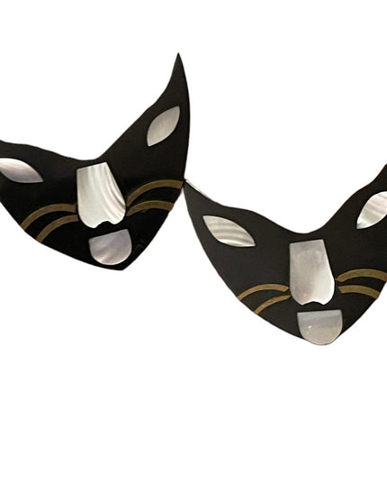 Vintage resin & mother of pearl inlay  Cat kitty face whiskers pierced earrings