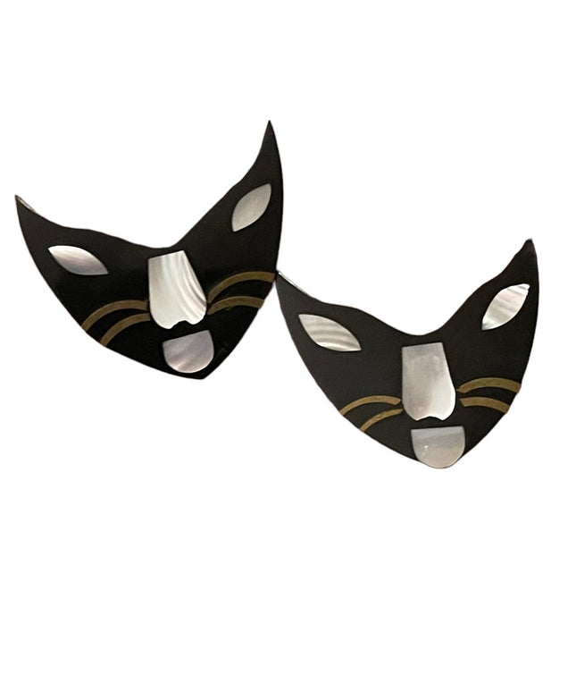 Vintage resin & mother of pearl inlay  Cat kitty face whiskers pierced earrings