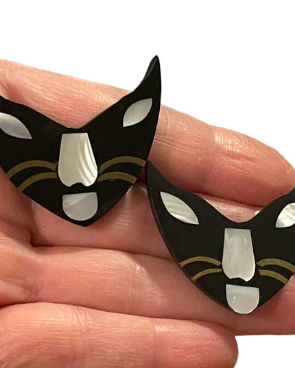 Vintage resin & mother of pearl inlay  Cat kitty face whiskers pierced earrings