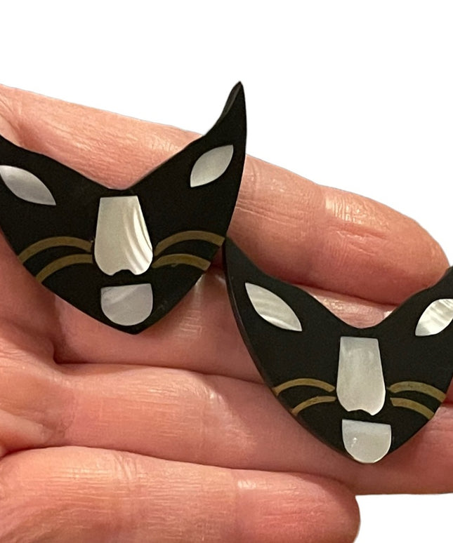 Vintage resin & mother of pearl inlay  Cat kitty face whiskers pierced earrings