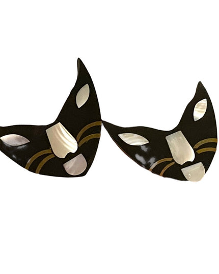 Vintage resin & mother of pearl inlay  Cat kitty face whiskers pierced earrings