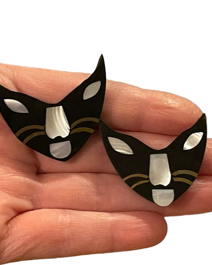 Vintage resin & mother of pearl inlay  Cat kitty face whiskers pierced earrings