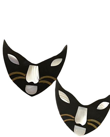 Vintage resin & mother of pearl inlay  Cat kitty face whiskers pierced earrings