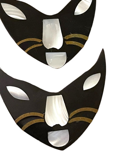 Vintage resin & mother of pearl inlay  Cat kitty face whiskers pierced earrings