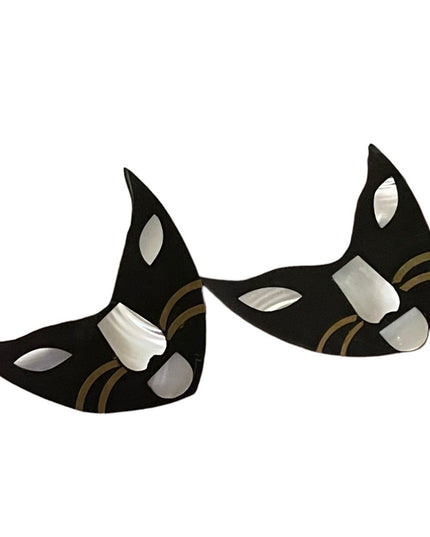 Vintage resin & mother of pearl inlay  Cat kitty face whiskers pierced earrings