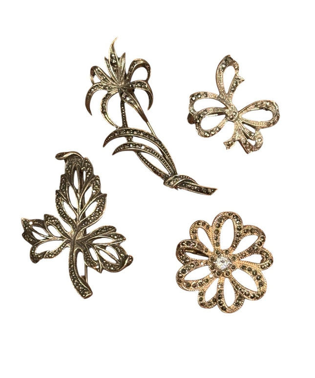 Elegant Sterling Silver 925 Marcasite Vintage Floral Flowers Brooch LOT
