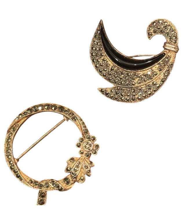 Elegant Sterling Silver 925 Vintage Brooch LoT X2 Pcs Marcasite Black Onyx
